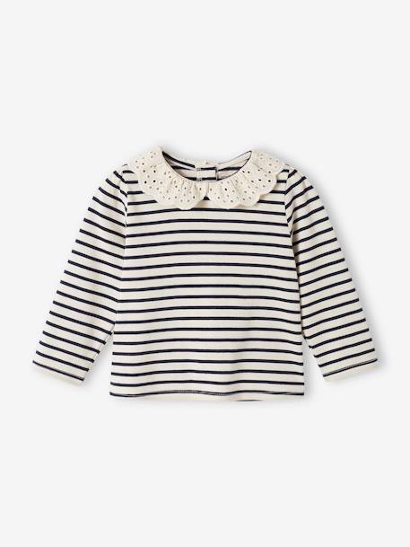 Baby T-shirt met geborduurde kraag en lange mouwen lichtbeige+marineblauw, gestreept - vertbaudet enfant 