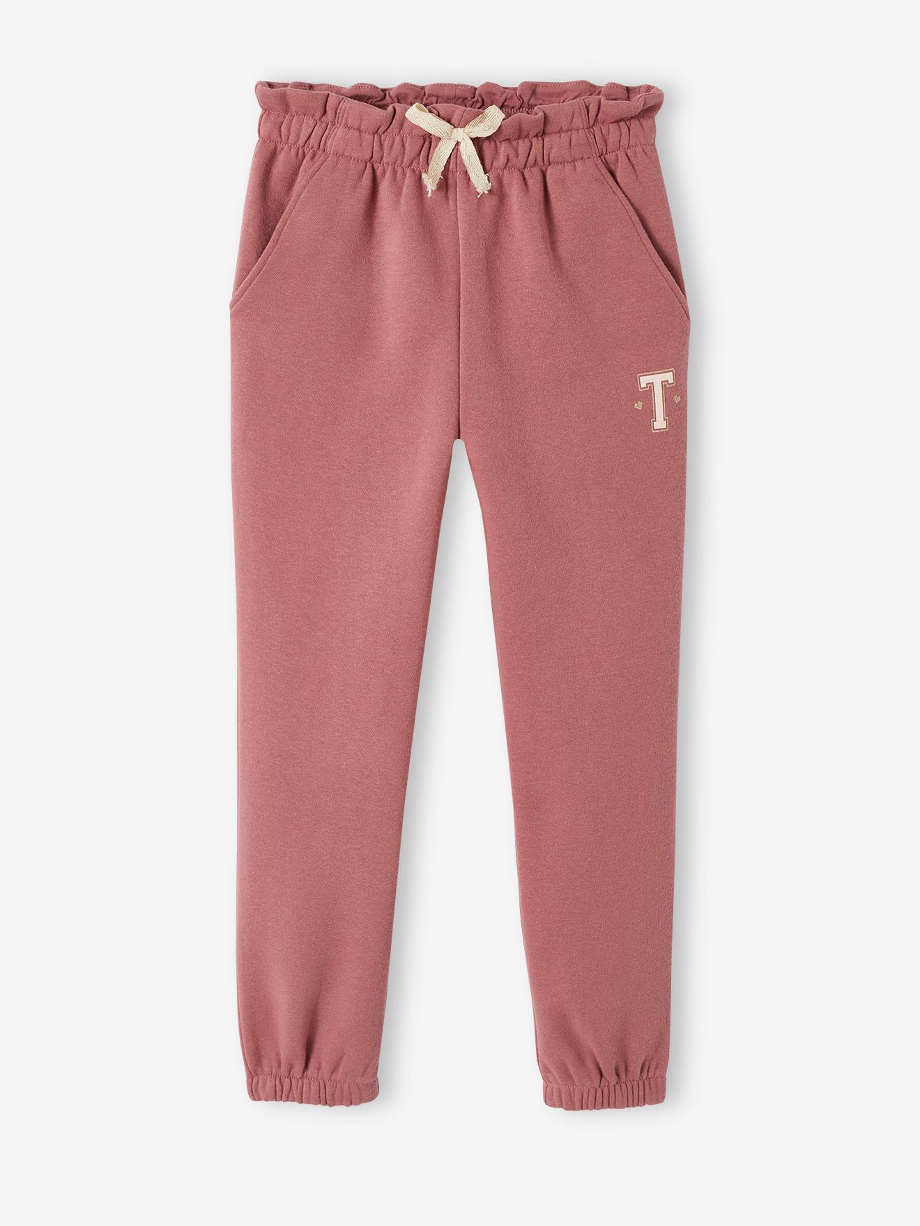 Molton joggingbroek voor meisjes met paperbag ceintuur oudroze