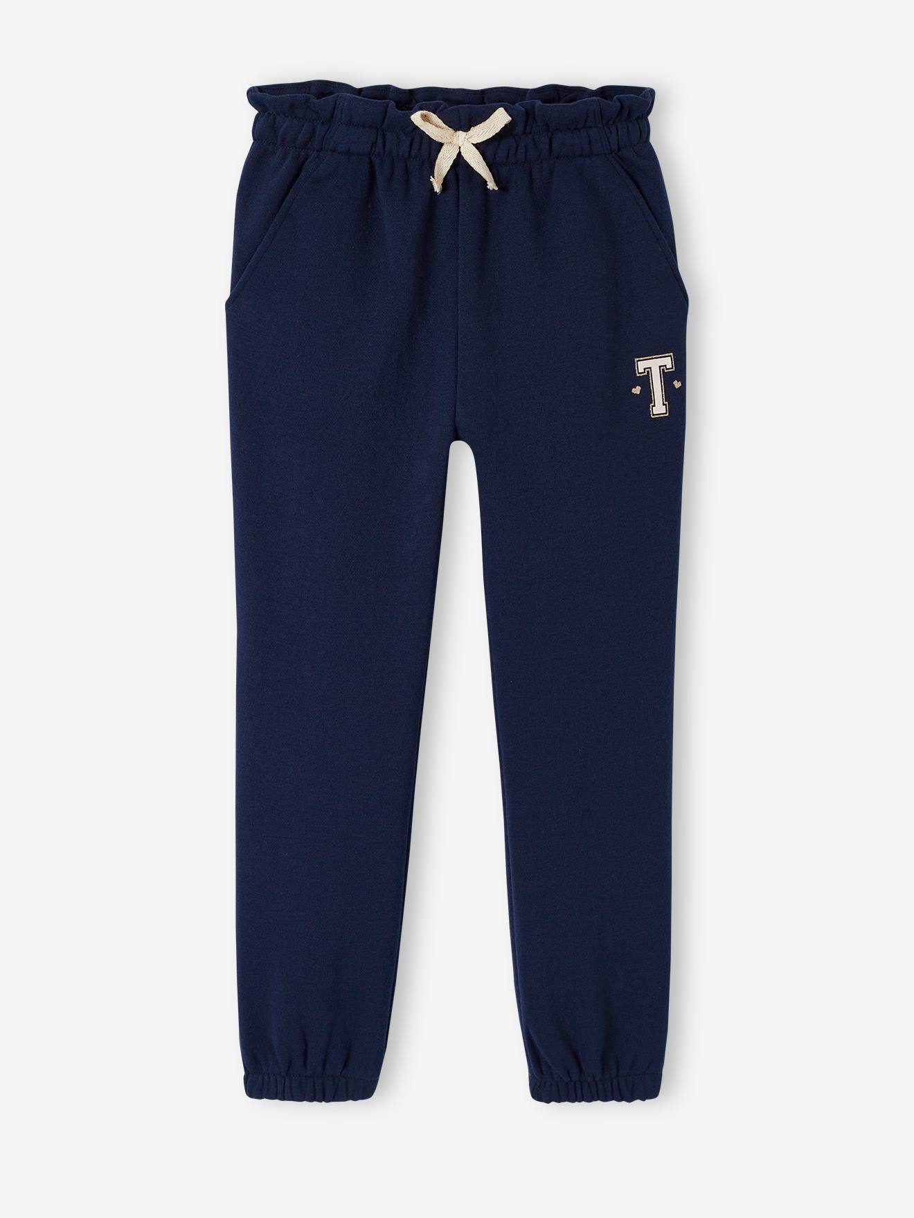 Molton joggingbroek voor meisjes met paperbag ceintuur marineblauw