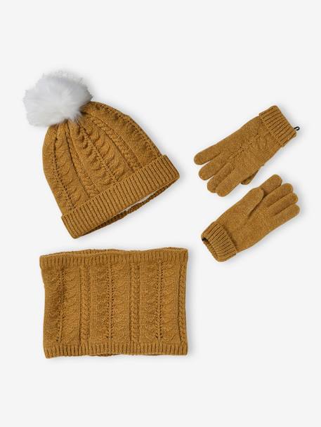 Set muts + snood + handschoenen of wanten van kabelbreisel voor meisjes ecru+mosterdgeel - vertbaudet enfant 