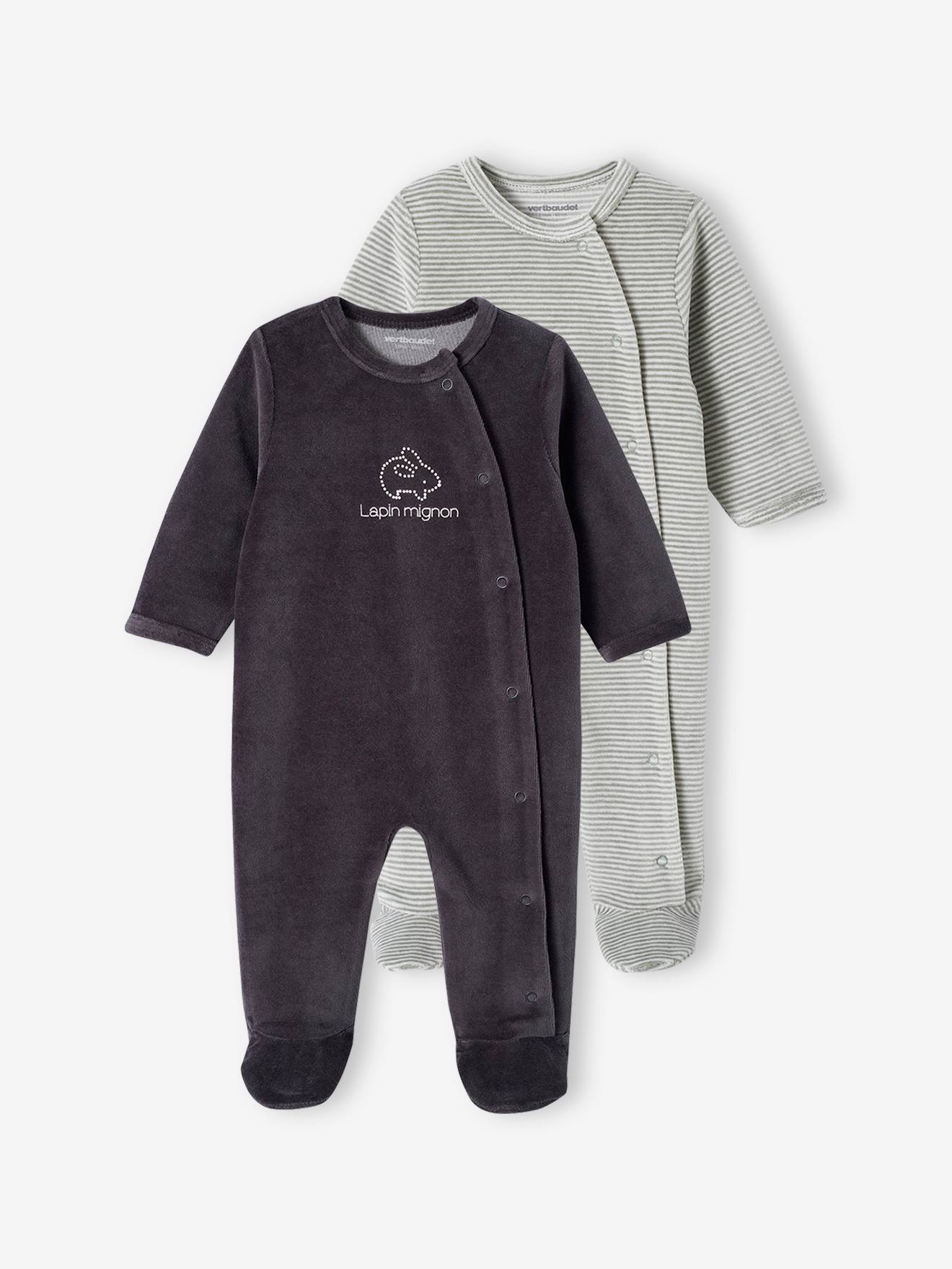 Set van 2 fluwelen slaappakjes voor baby's met opening aan de voorkant denimgrijs