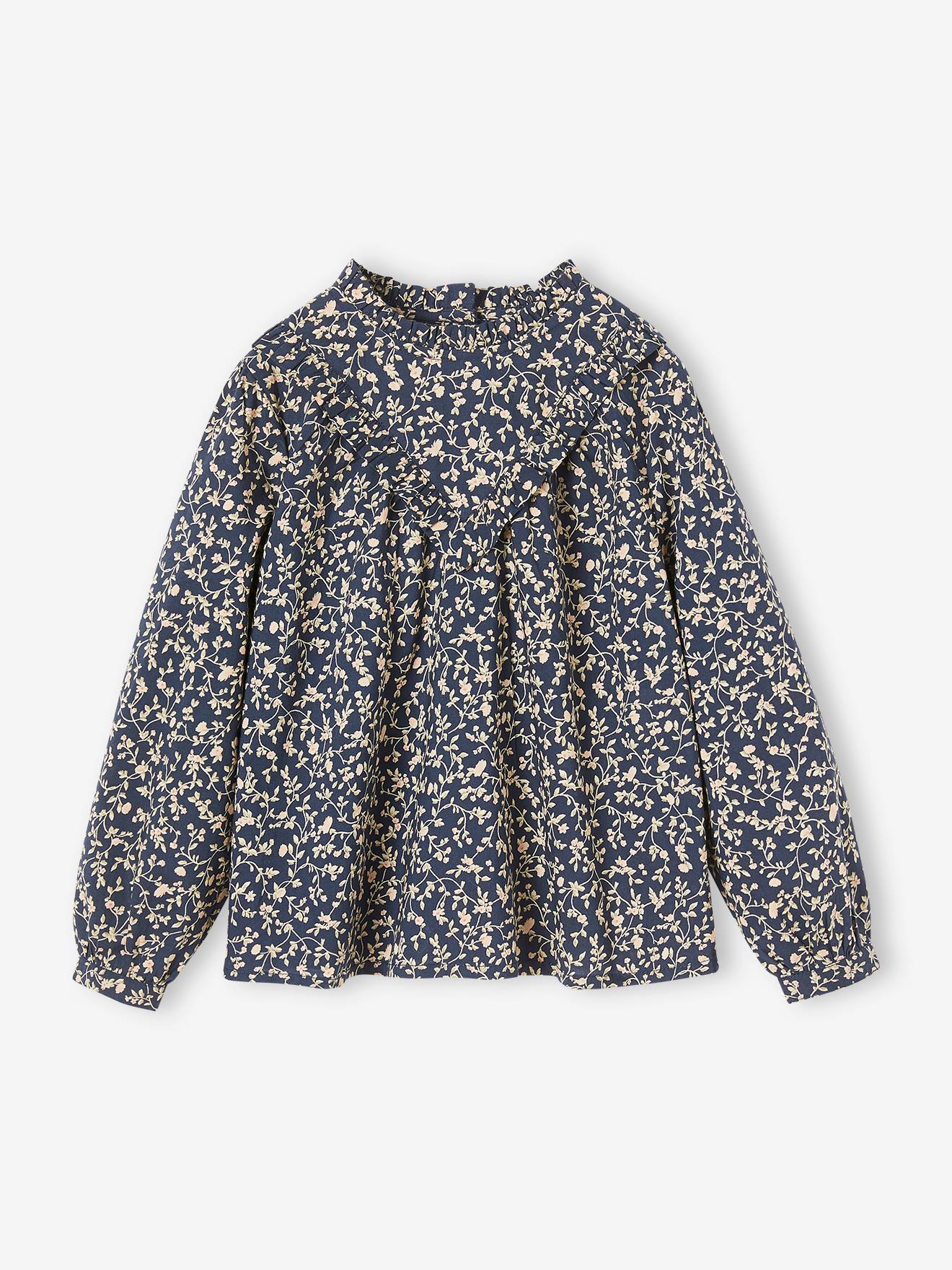 Blouse met hoge kraag met bloemenprint meisjes marineblauw