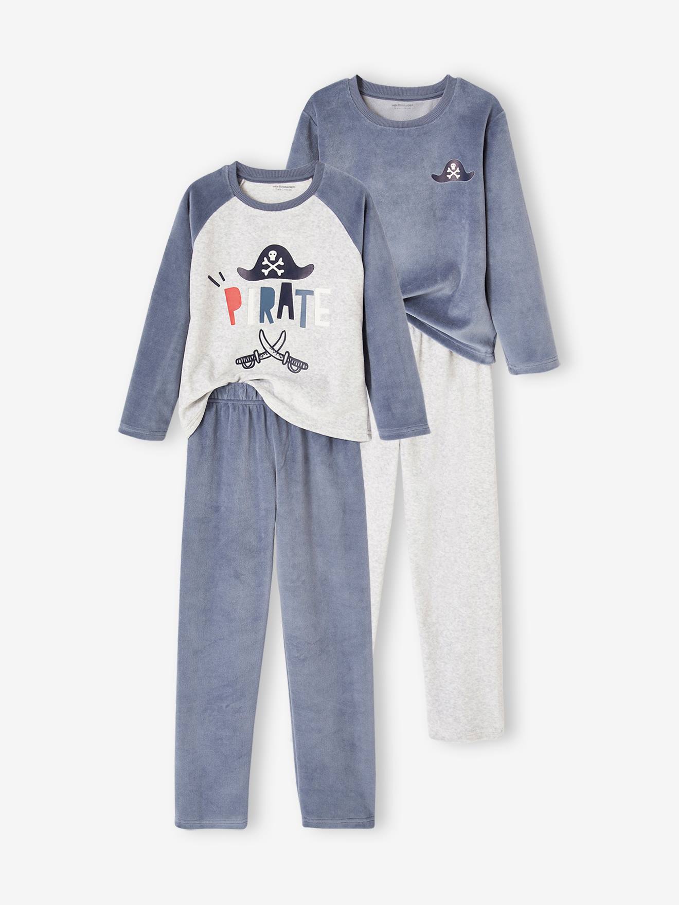 Set van 2 fluwelen pyjama's met piratenthema jongens grijsblauw