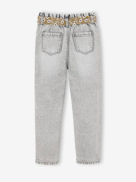 Paperbag jeans met bloemenriem voor meisjes denimgrijs+onbewerkt denim+stone - vertbaudet enfant 