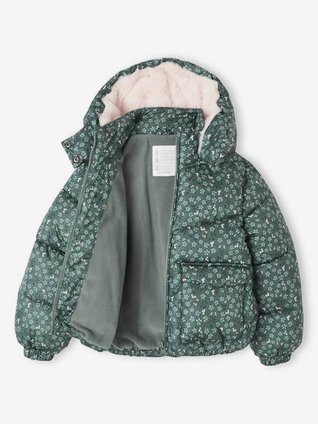 Meisjesdonsjas met capuchon en print en met fleece voering bruin, bedrukt+groen, bedrukt - vertbaudet enfant 