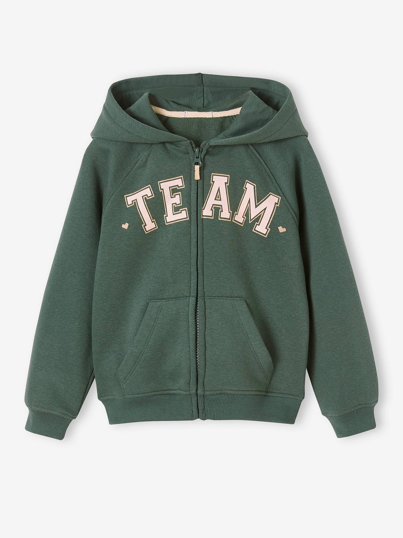 Sportsweater met rits en capuchon met "Team" motief meisjes groen