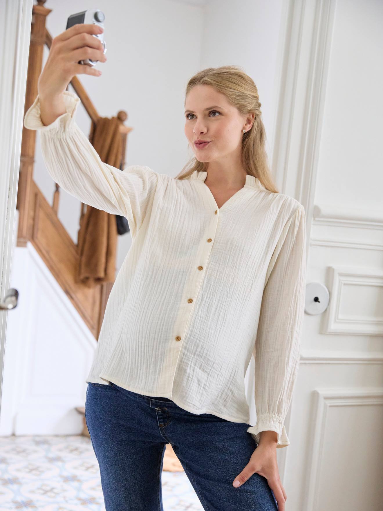 Zwangerschaps- en borstvoedingsblouse van katoengaas ecru