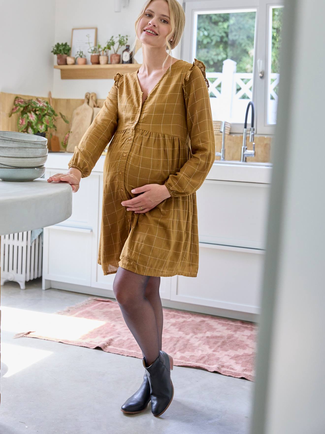 Korte jurk met iriserende ruit zwangerschap en borstvoeding kaki