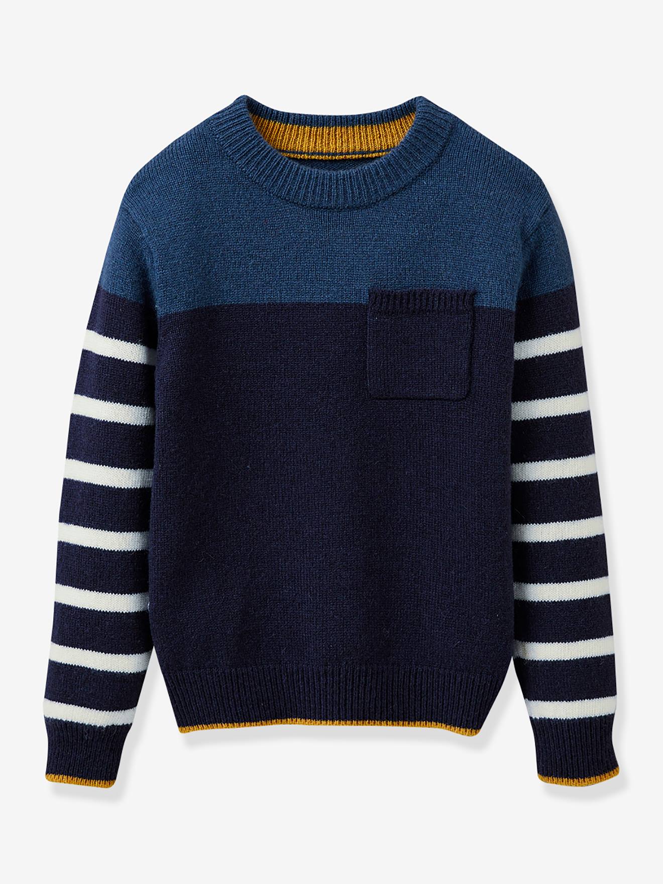 Colourblock trui voor jongens in lamswol CYRILLUS marineblauw