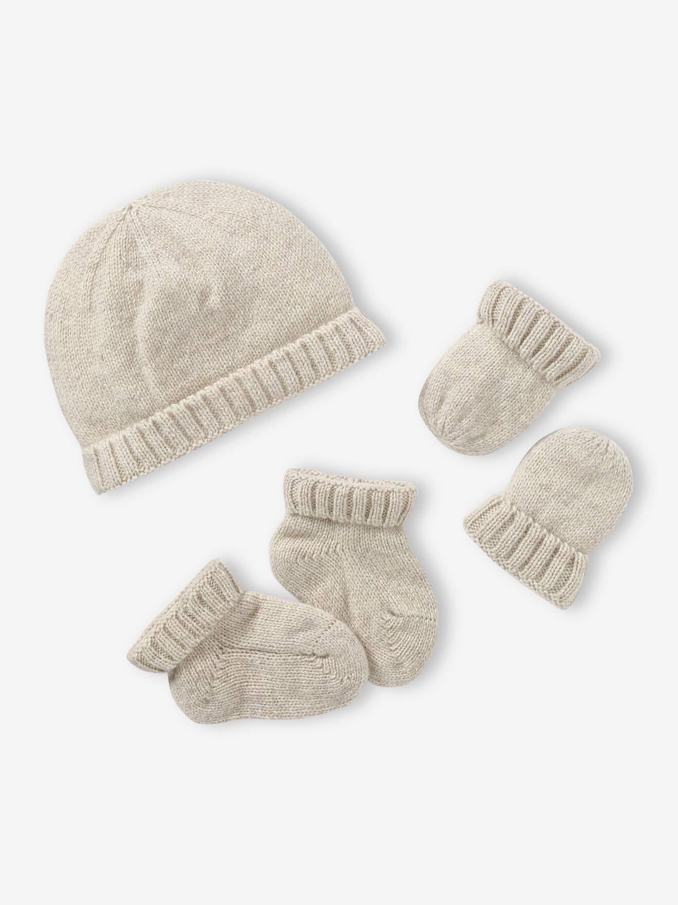 Gebreide set baby muts + wanten + laarsjes gemΓͺleerd beige