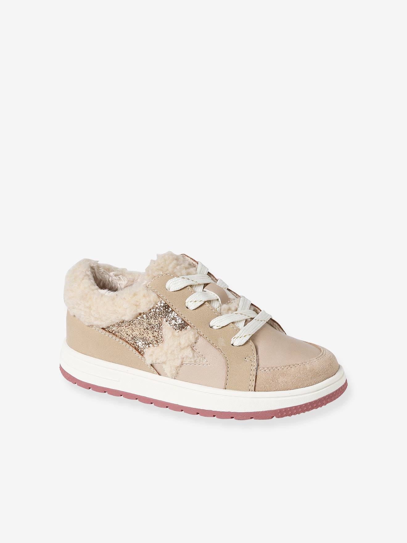 Gevoerde meisjessneakers met veters en ritssluiting beige