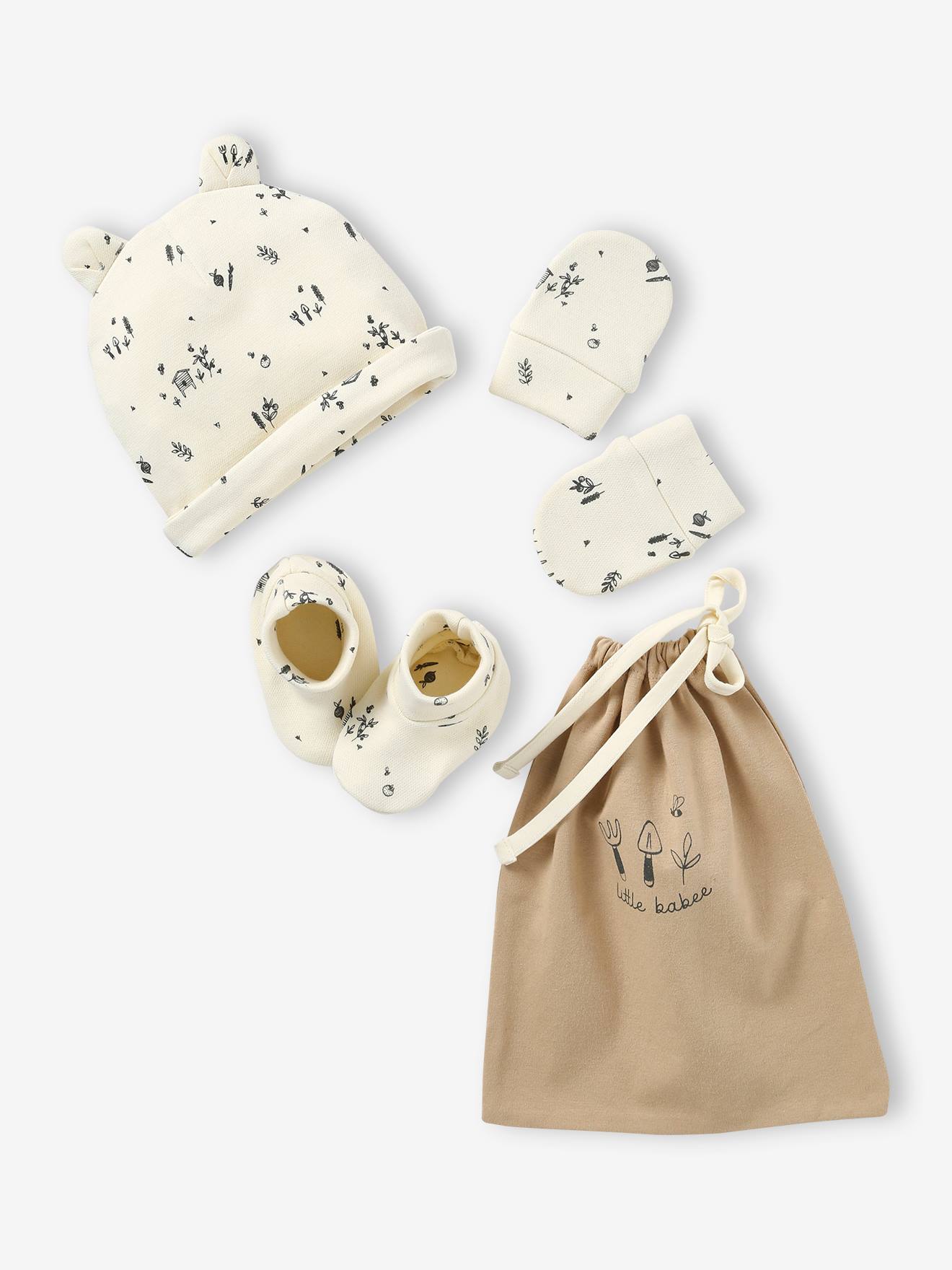 Set muts + wanten + slofjes + babytas voor baby ecru