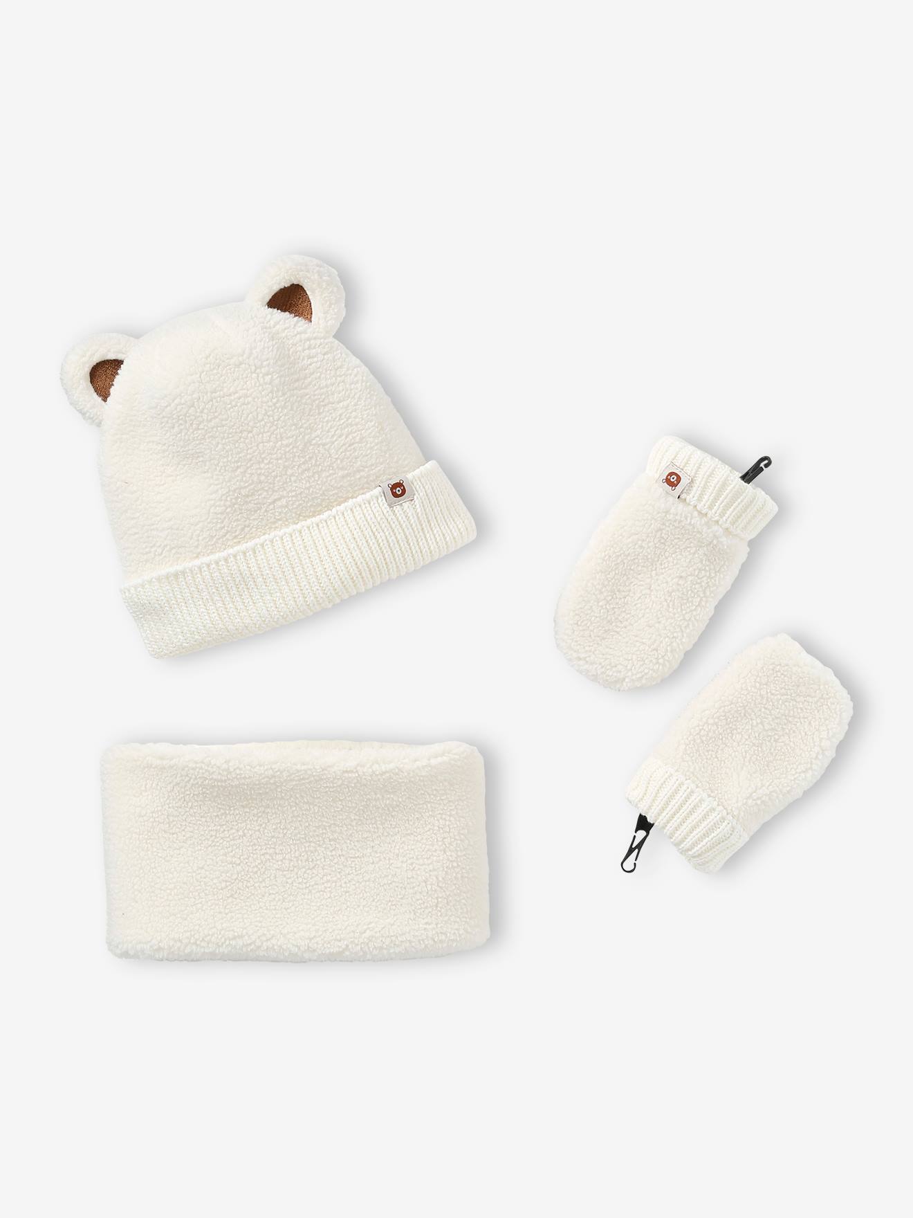 Set voor babyjongen 'Bear Mood' met muts + snood + wanten van sherpa ecru