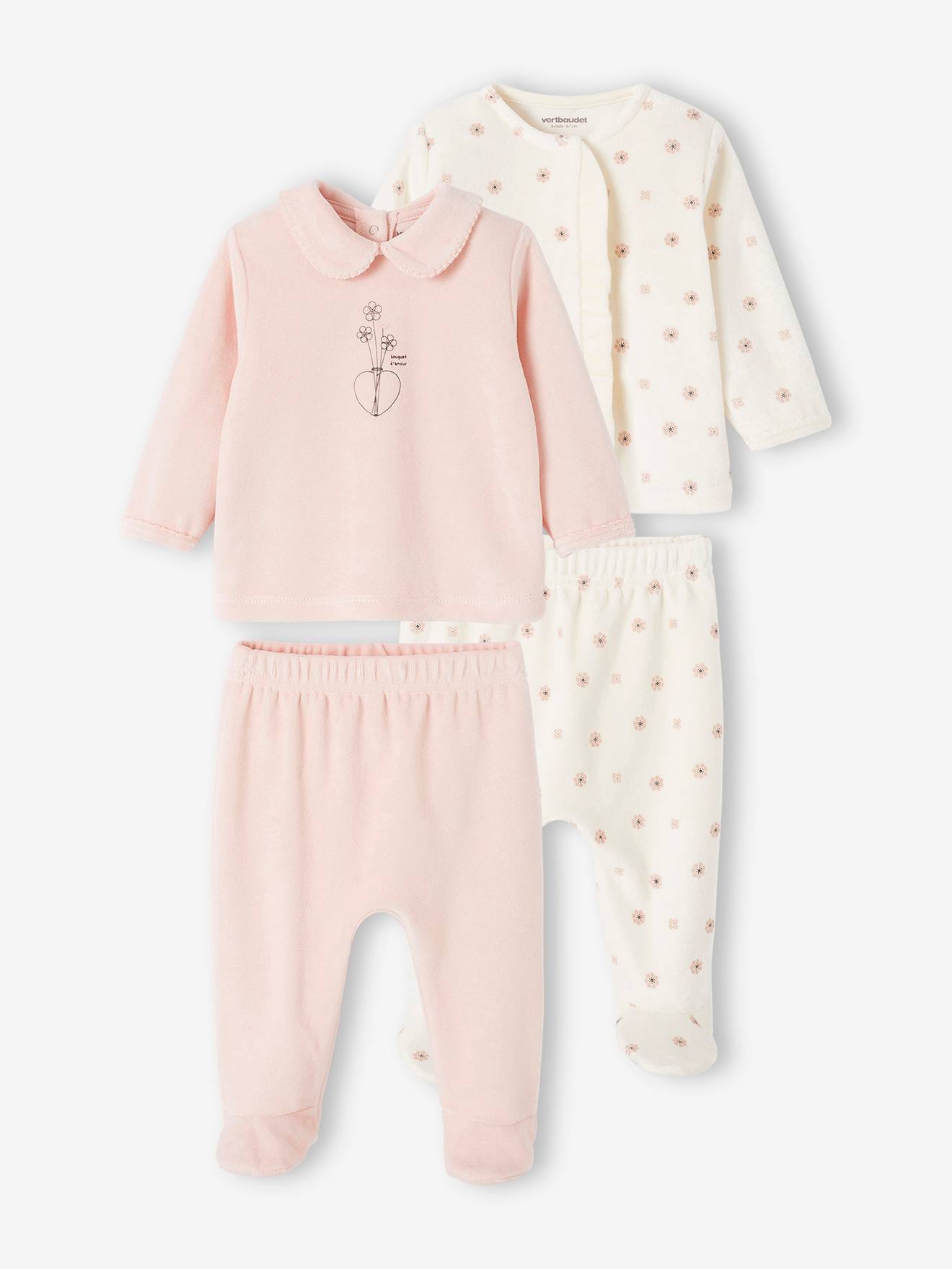 Set van 2 fluwelen babypyjama's roze (poederkleur)