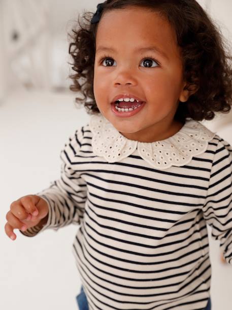 Baby T-shirt met geborduurde kraag en lange mouwen lichtbeige+marineblauw, gestreept - vertbaudet enfant 