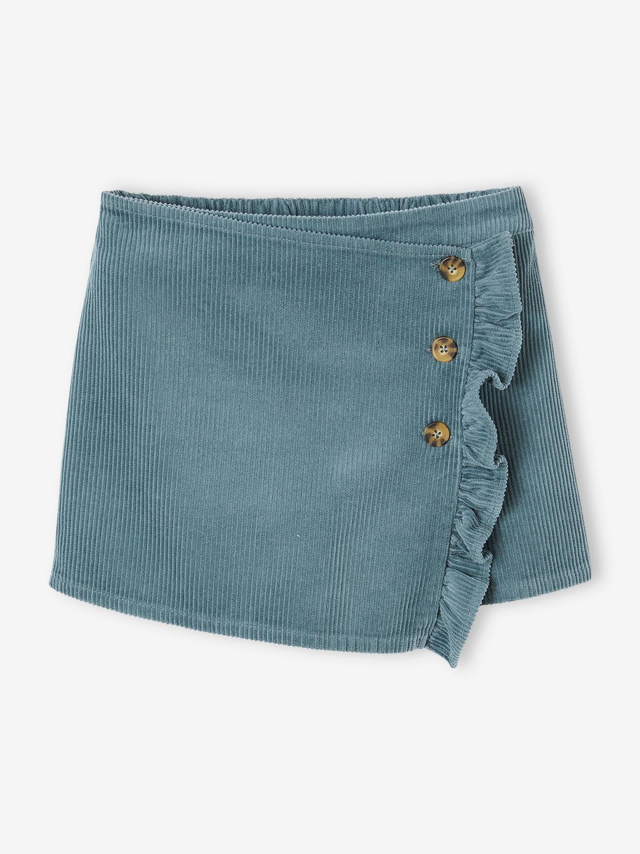 Short-rokje van ribfluweel met wikkeleffect groenblauw