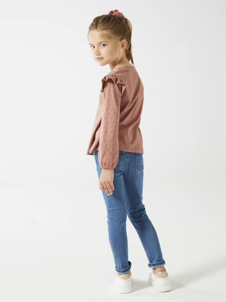 T-shirt BASICS met lange mouwen en ruches voor meisjes ecru+marineblauw+rozenhout - vertbaudet enfant 