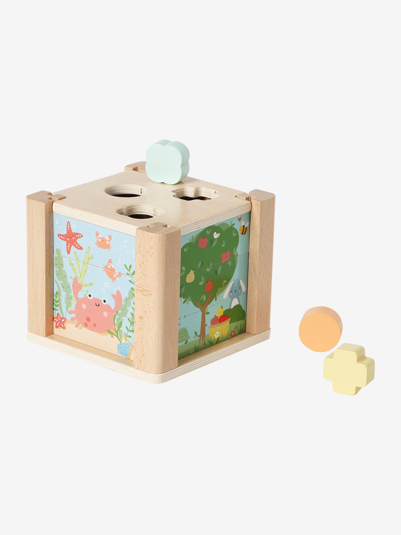 Activiteitenkubus 2-in-1: Puzzels en vormen om in te voegen in FSCยฎ hout groen