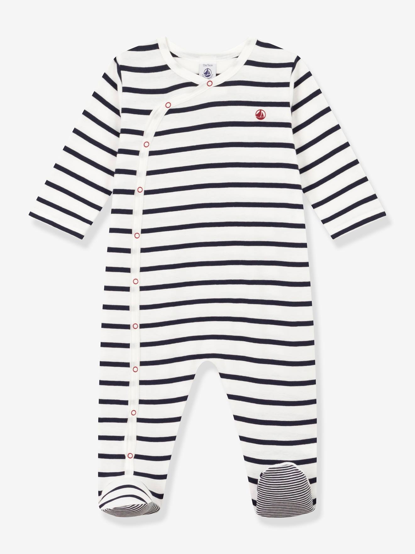 Gestreepte babypyjama met ribboord PETIT BATEAU wit, bedrukt