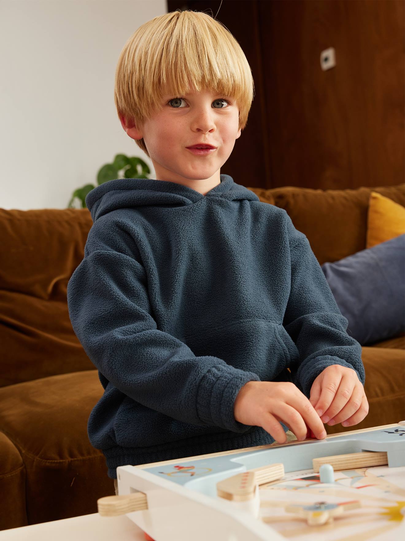 Fleece jongenssweater met capuchon nachtblauw