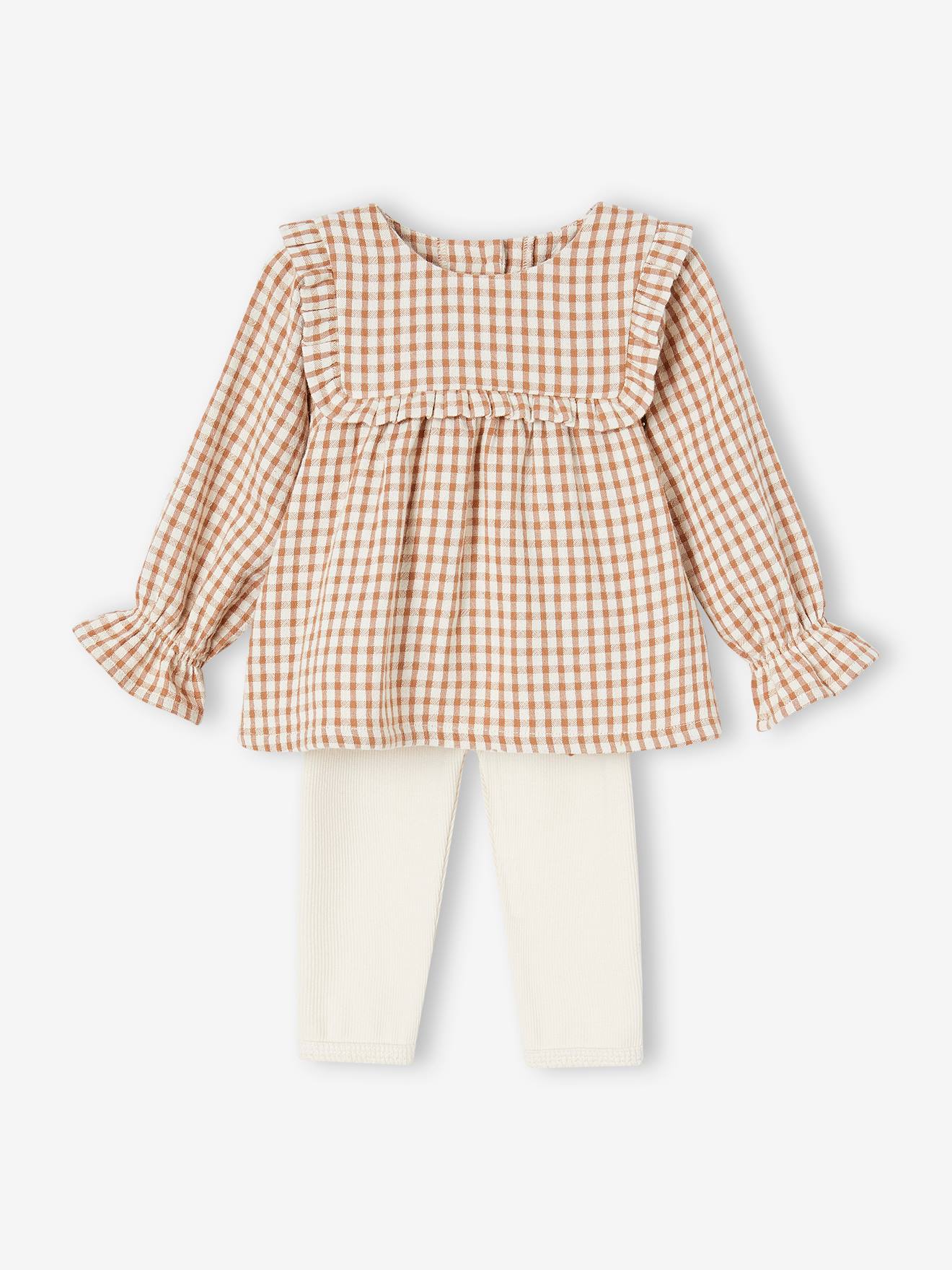 Babyset geruite jurk en bijpassende legging pecannoot