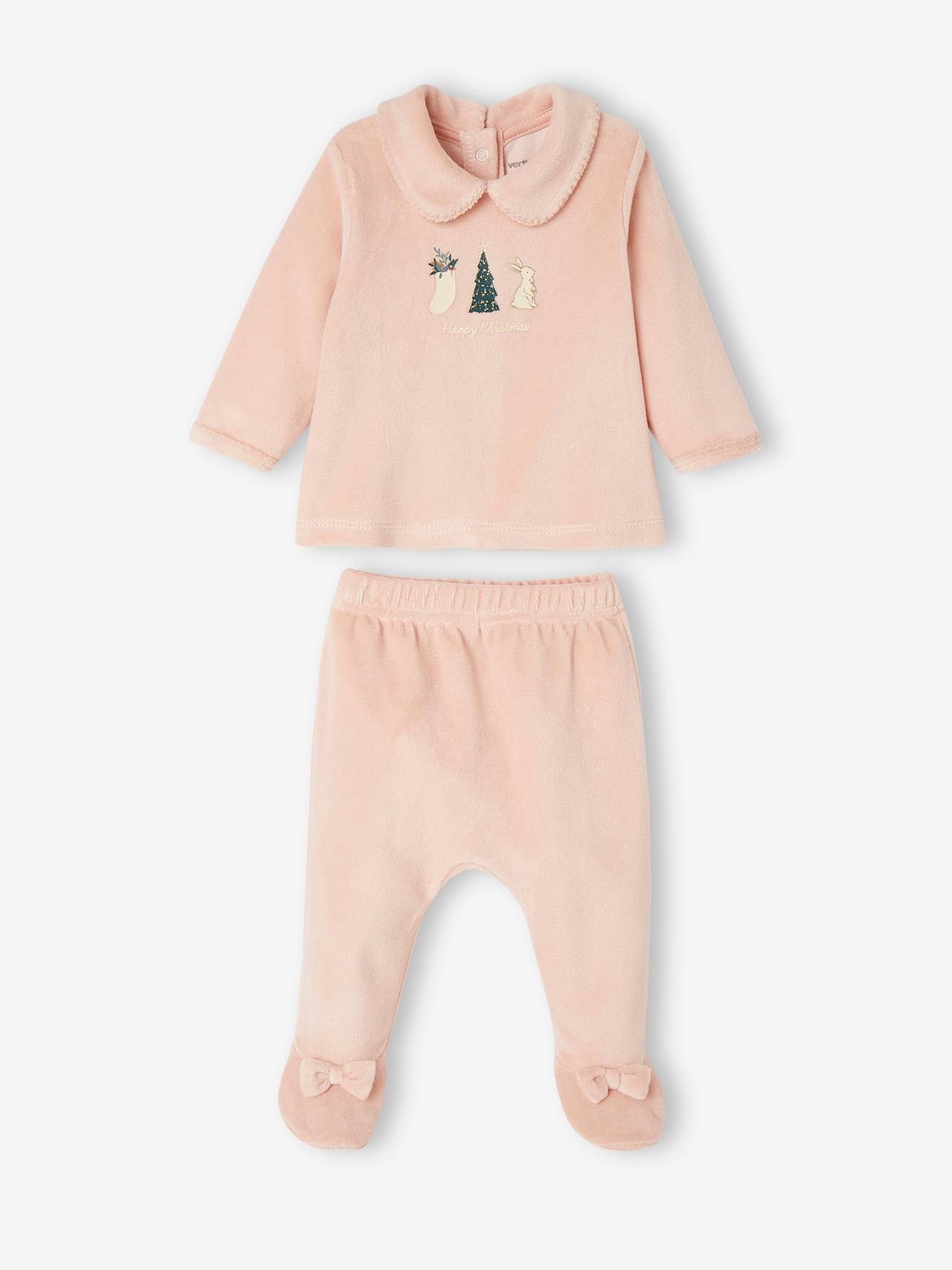 Fluwelen babypyjama in 2 delen voor Kerstmis roze (poederkleur)