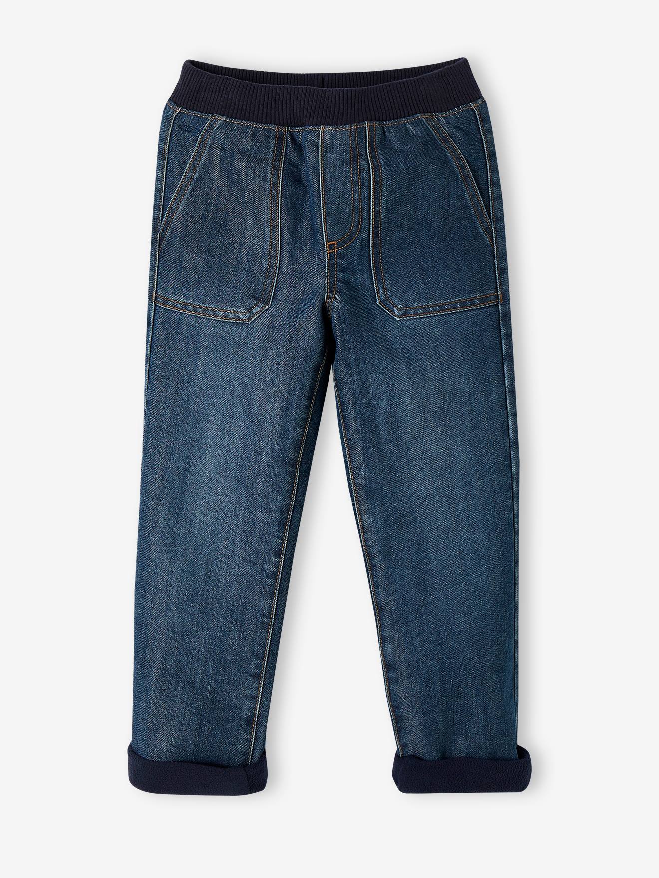 Onverwoestbare gevoerde jeans voor jongens van fleece, makkelijk aan te trekken stone