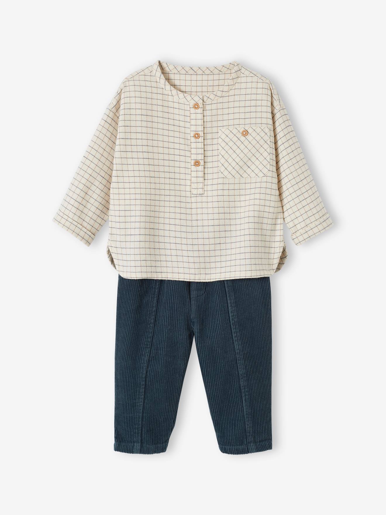 Set flanellen baby-overhemd + broek van ribfluweel leiblauw