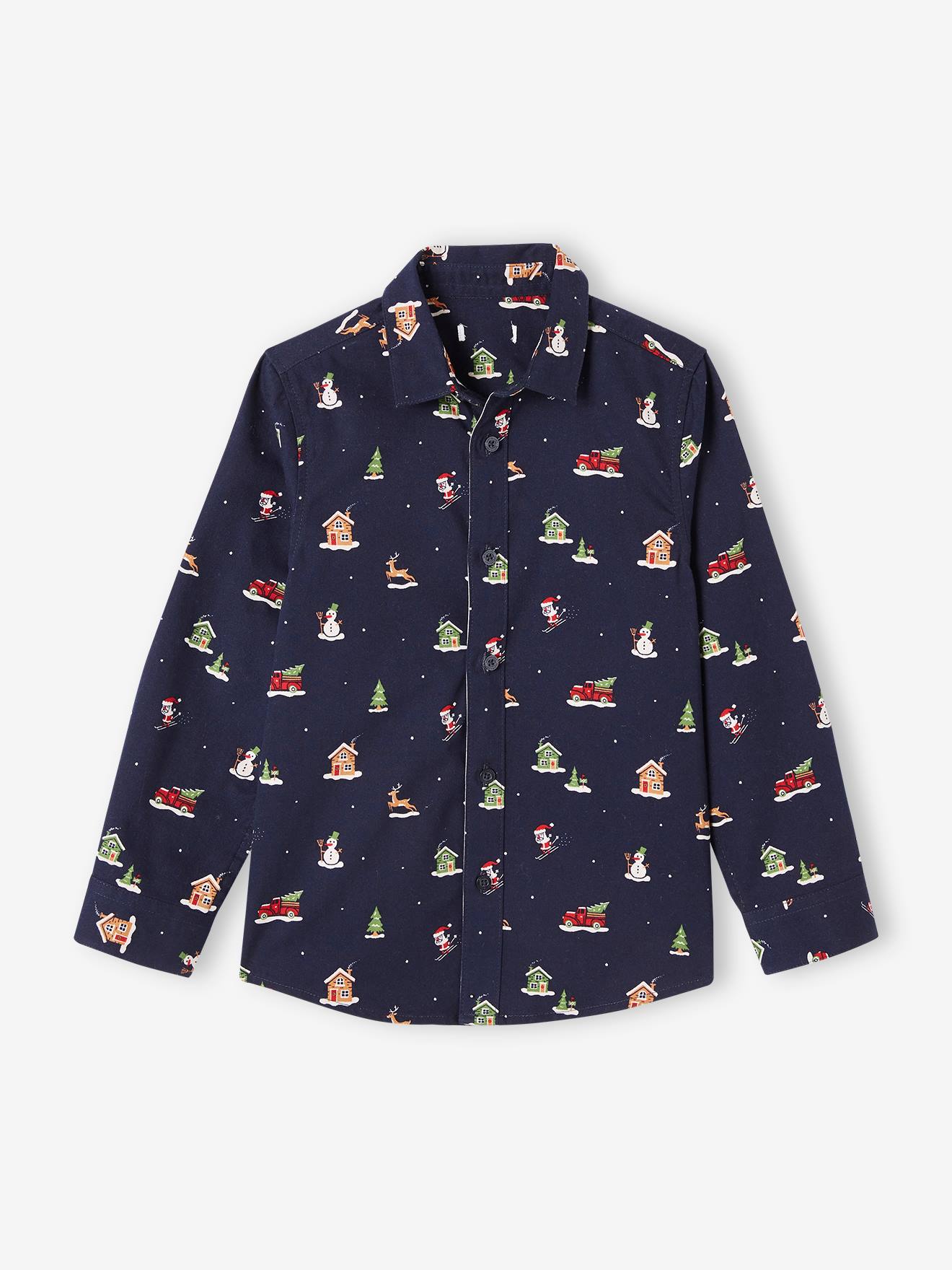 Overhemd voor Kerstmis met print voor jongens marineblauw