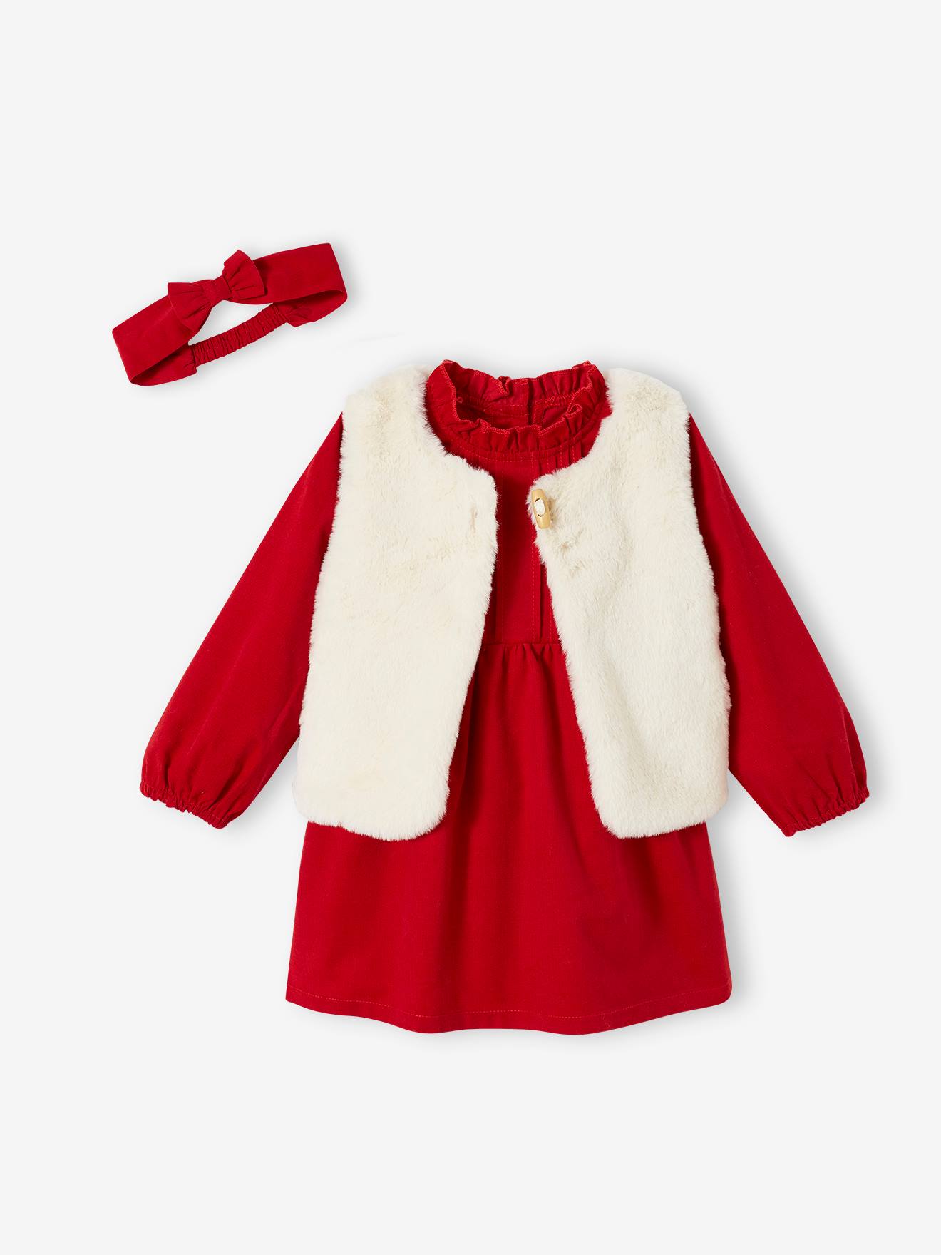 Baby kerstset: jurk, vest van imitatiebont, maillot en bijpassende hoofdband rood