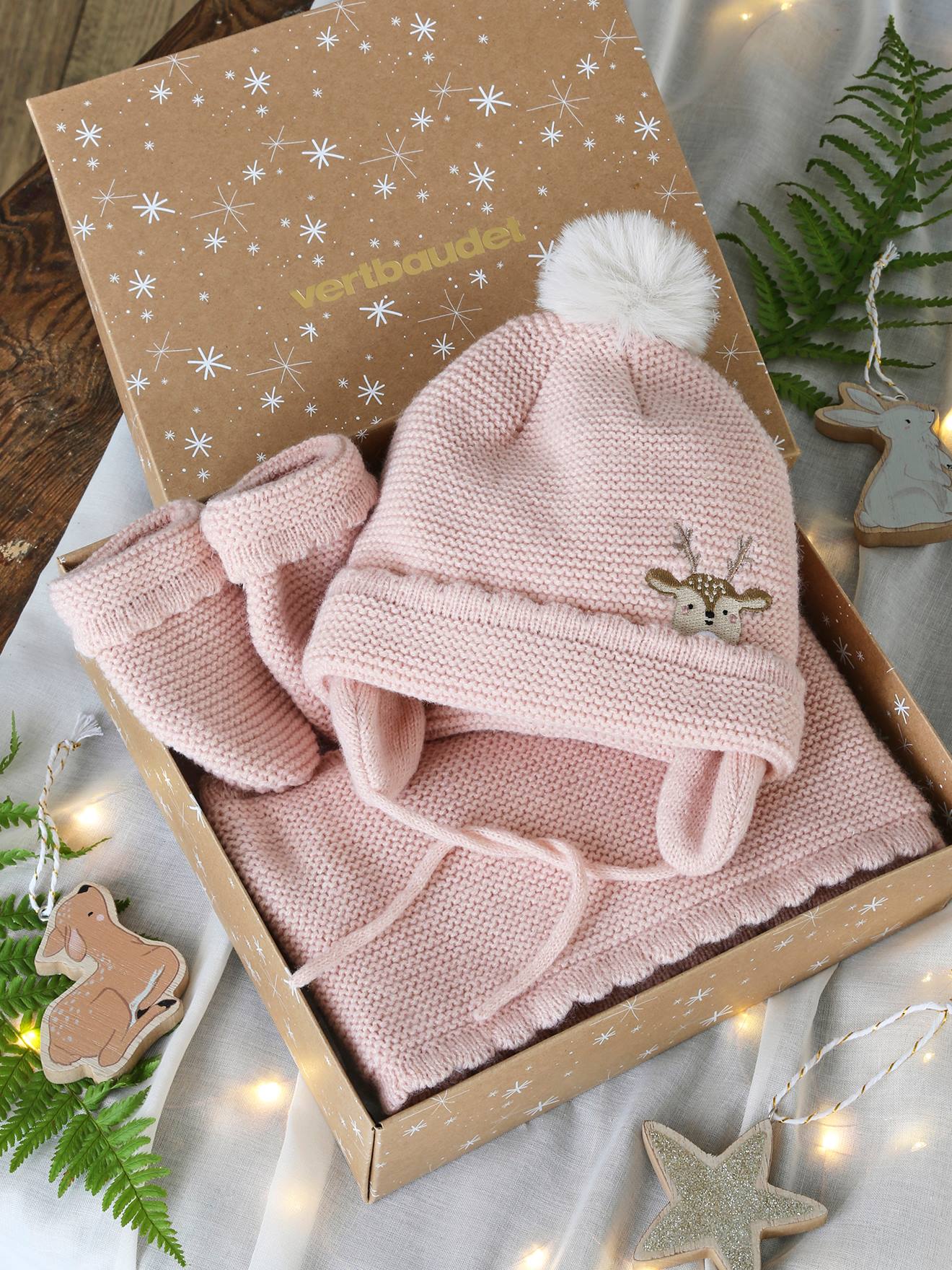Kerstset muts + sjaal + wanten voor babymeisjes roze (poederkleur)