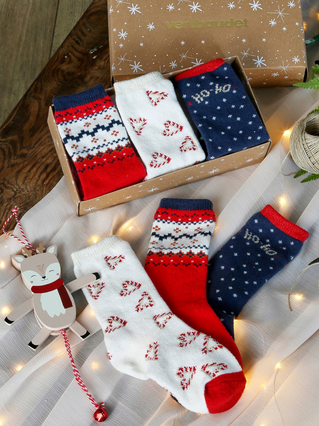 Kerstset Santa Socks met 3 paar halfhoge sokken voor meisjes rood