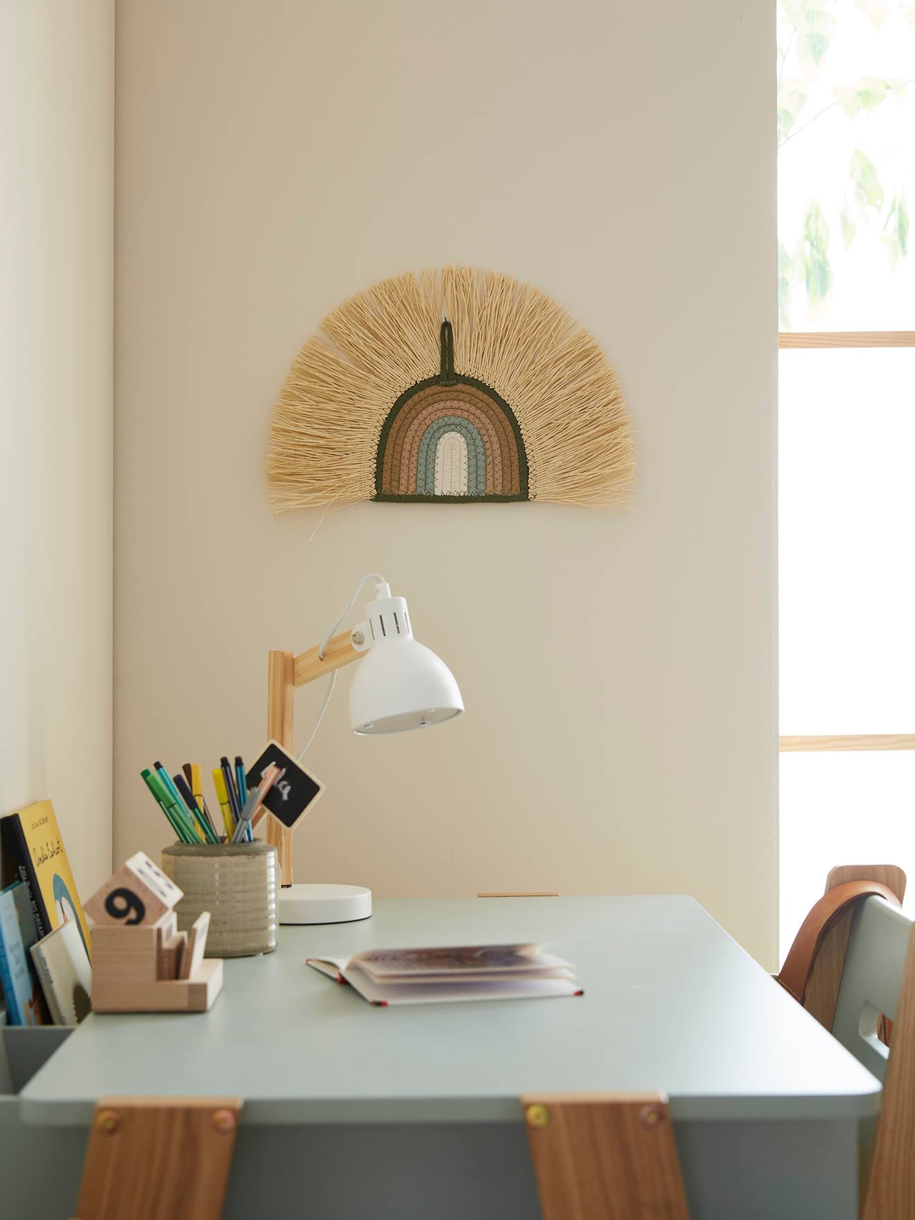 Raffia muur-regenboog blauwgroen