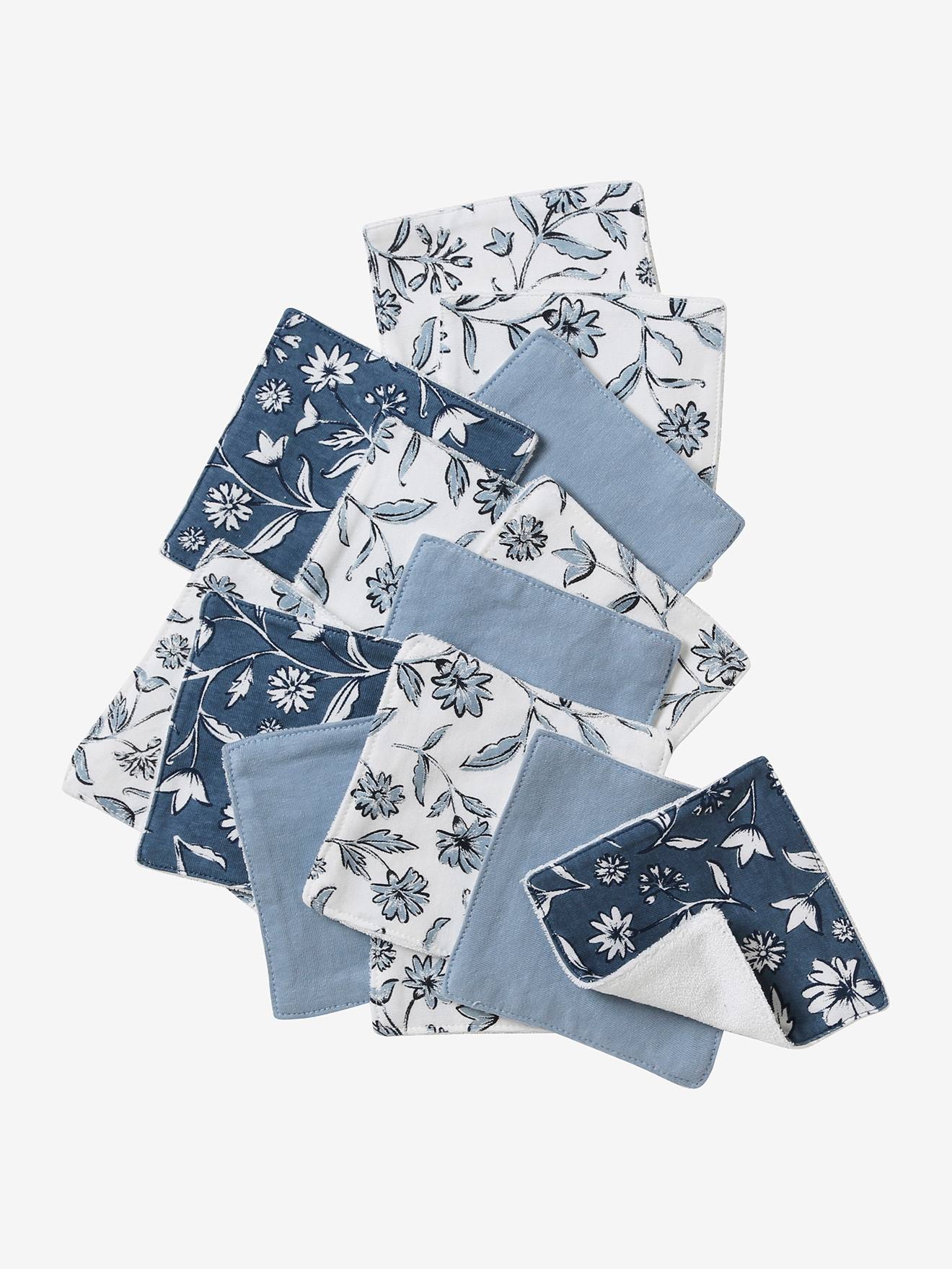 Set van 10 washandjes blauw, bedrukt