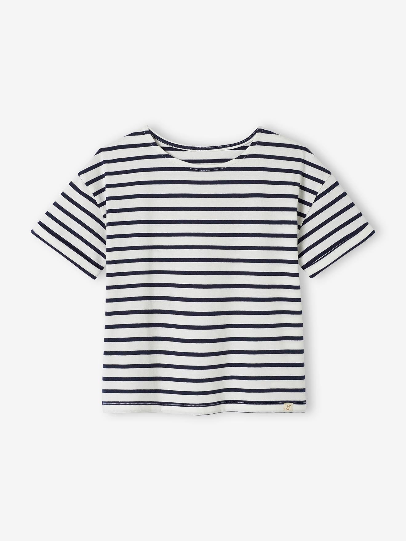 Gestreept meisjes-T-shirt met korte mouwen ongewassen denim