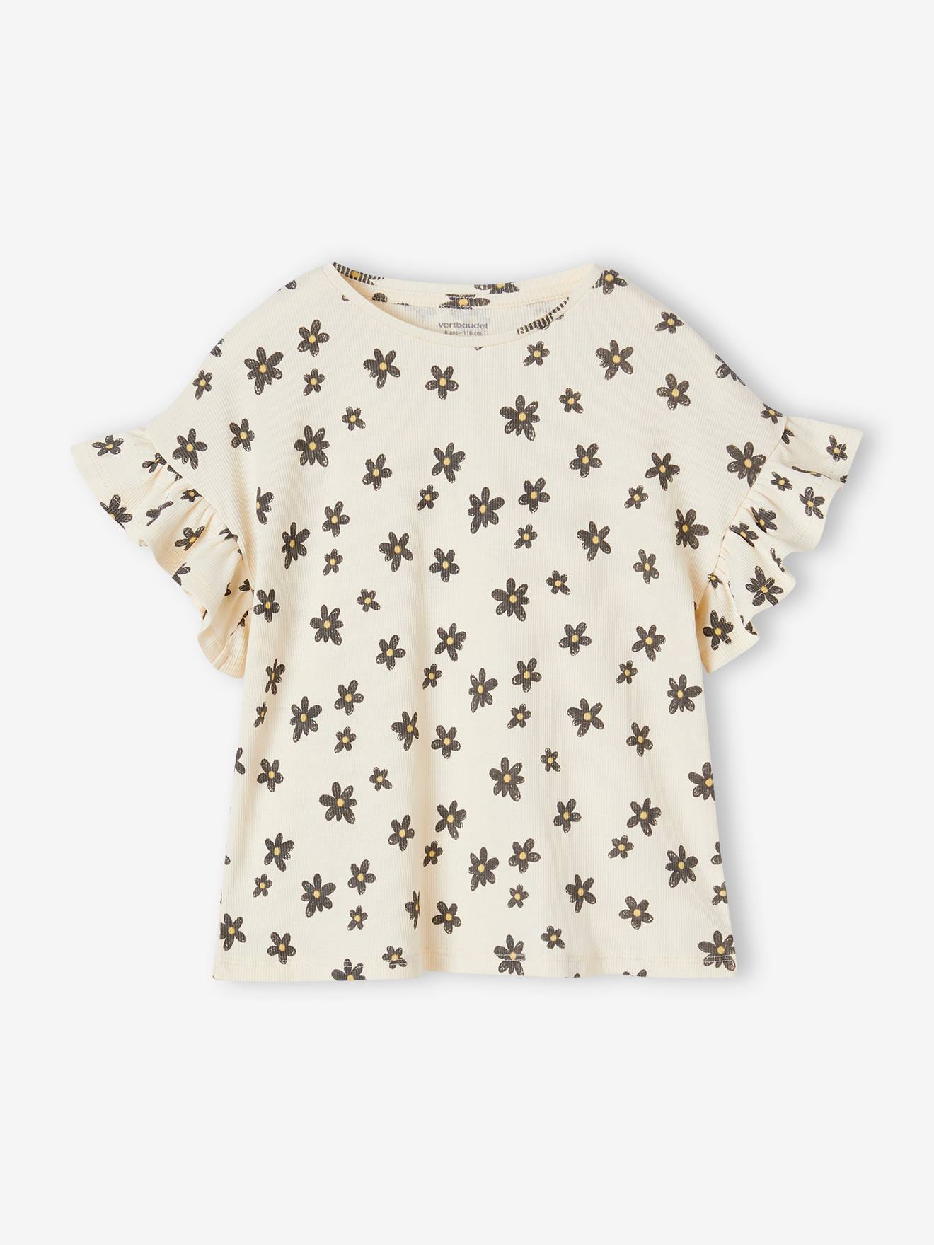 Geribd meisjes-T-shirt met bloemenprint wit, bedrukt