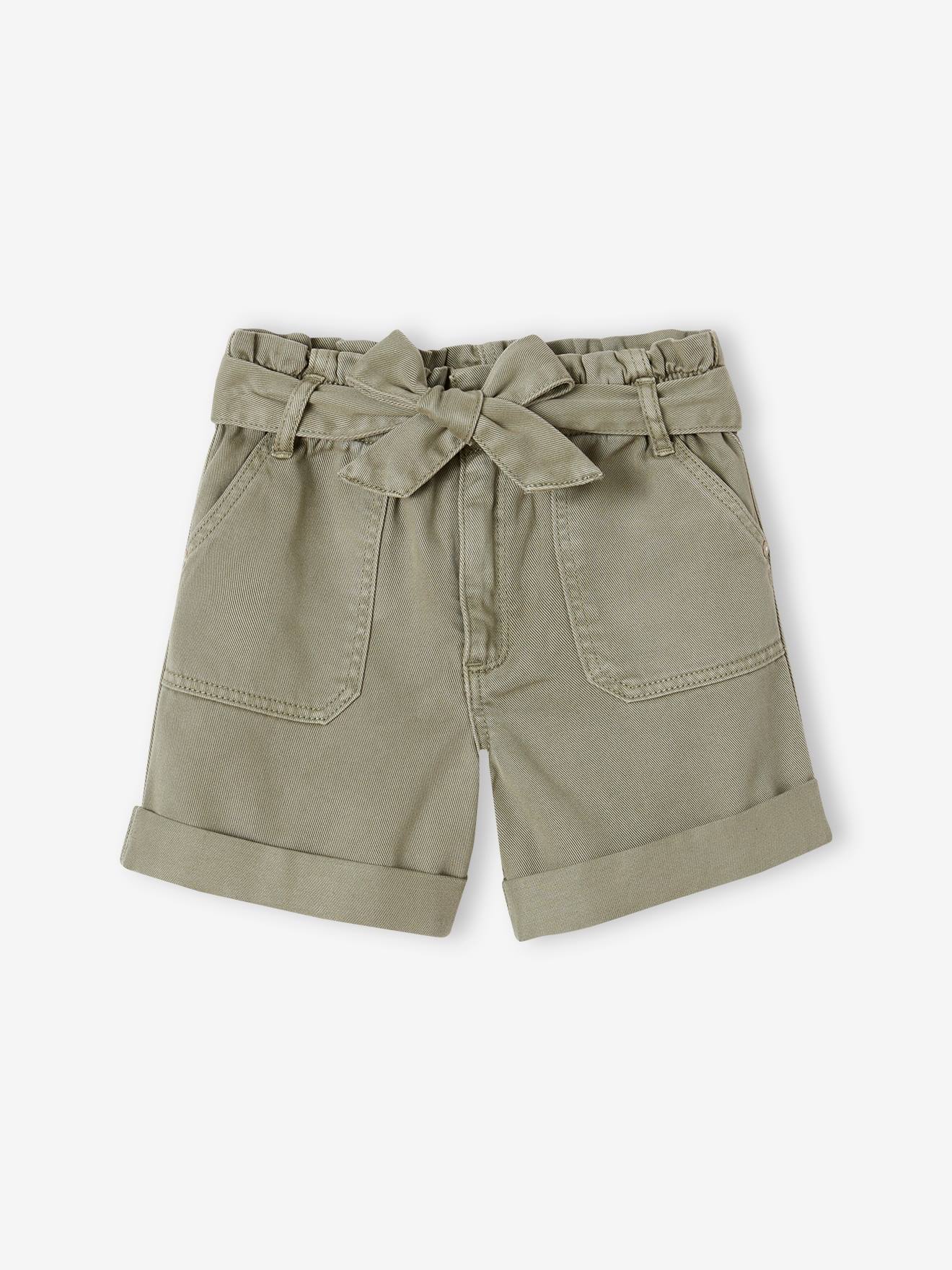 Meisjesshort in paperbag-stijl kaki