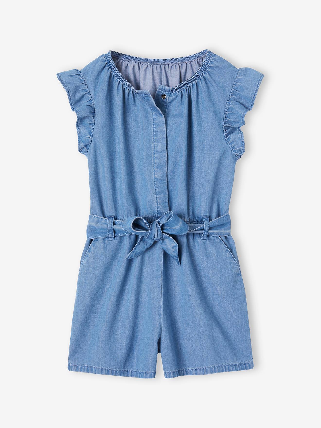 Lichte denim jumpsuit met ruche mouwen voor meisjes stone