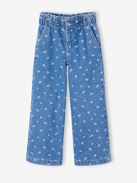 Wijde jeans in paperbagstijl met bloemmotieven voor meisjes donkerblauw+stone - vertbaudet enfant 