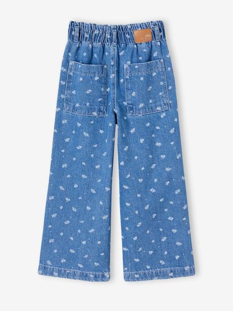 Wijde jeans in paperbagstijl met bloemmotieven voor meisjes donkerblauw+stone - vertbaudet enfant 