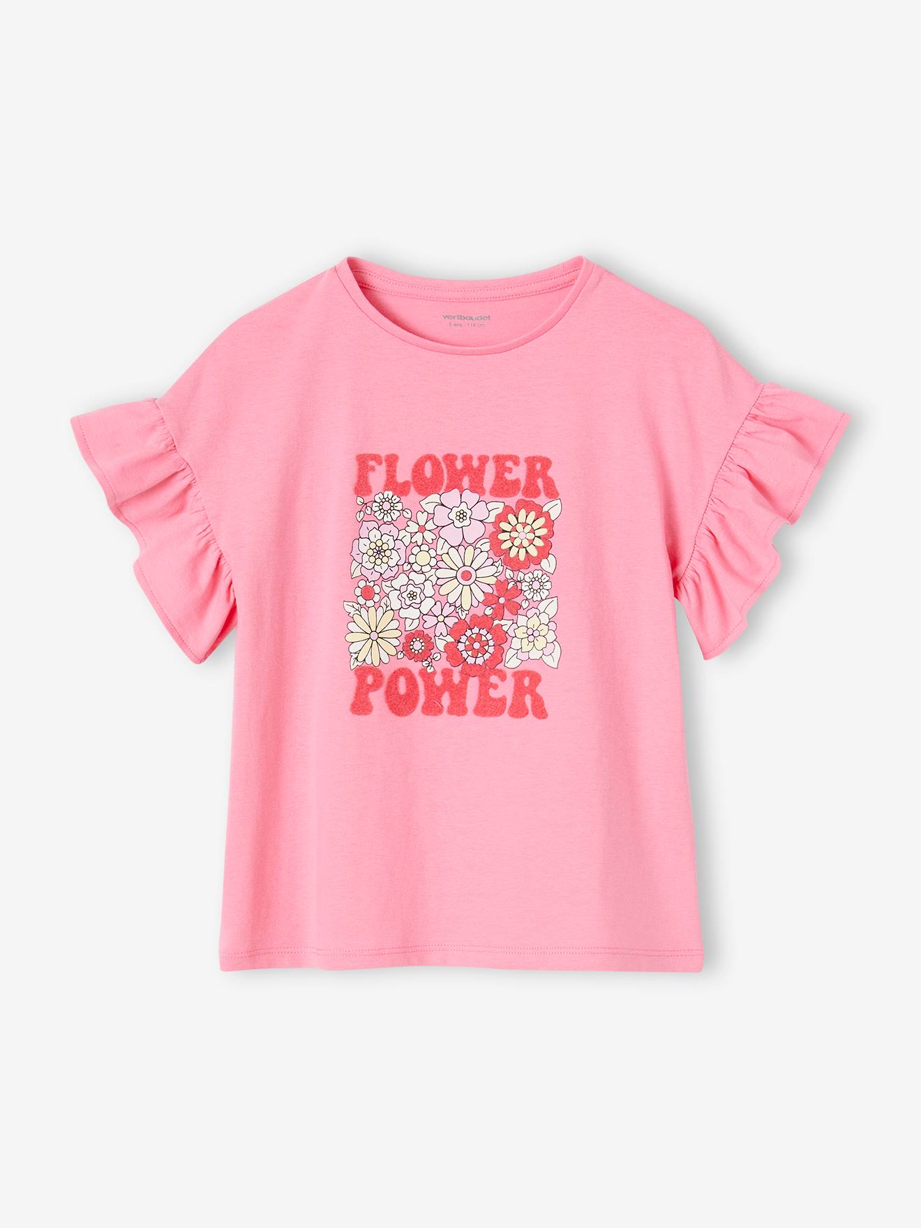 Meisjesshirt "Flower Power" met ruches op de mouwen snoepjesroze