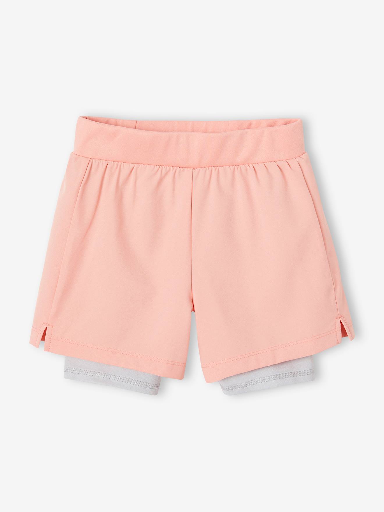 Sportshort 2 in 1 voor meisjes van technisch materiaal koraal