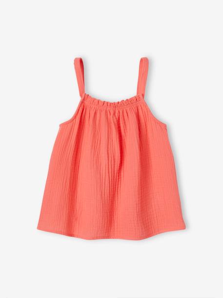 Meisjesblouse met schouderbandjes van katoengaas ecru+fluoriserend koraal+wit, bedrukt+zandbeige - vertbaudet enfant 