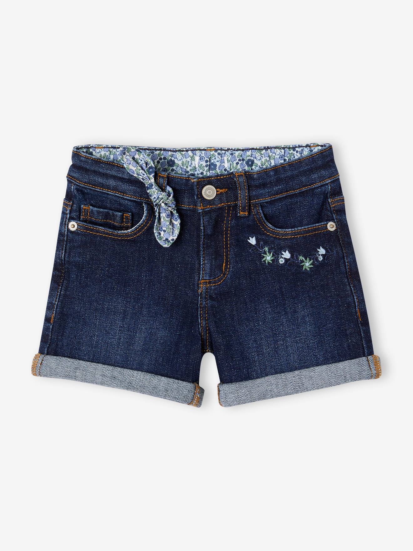 Geborduurde denim meisjesshort met bloemenstrik ongewassen denim