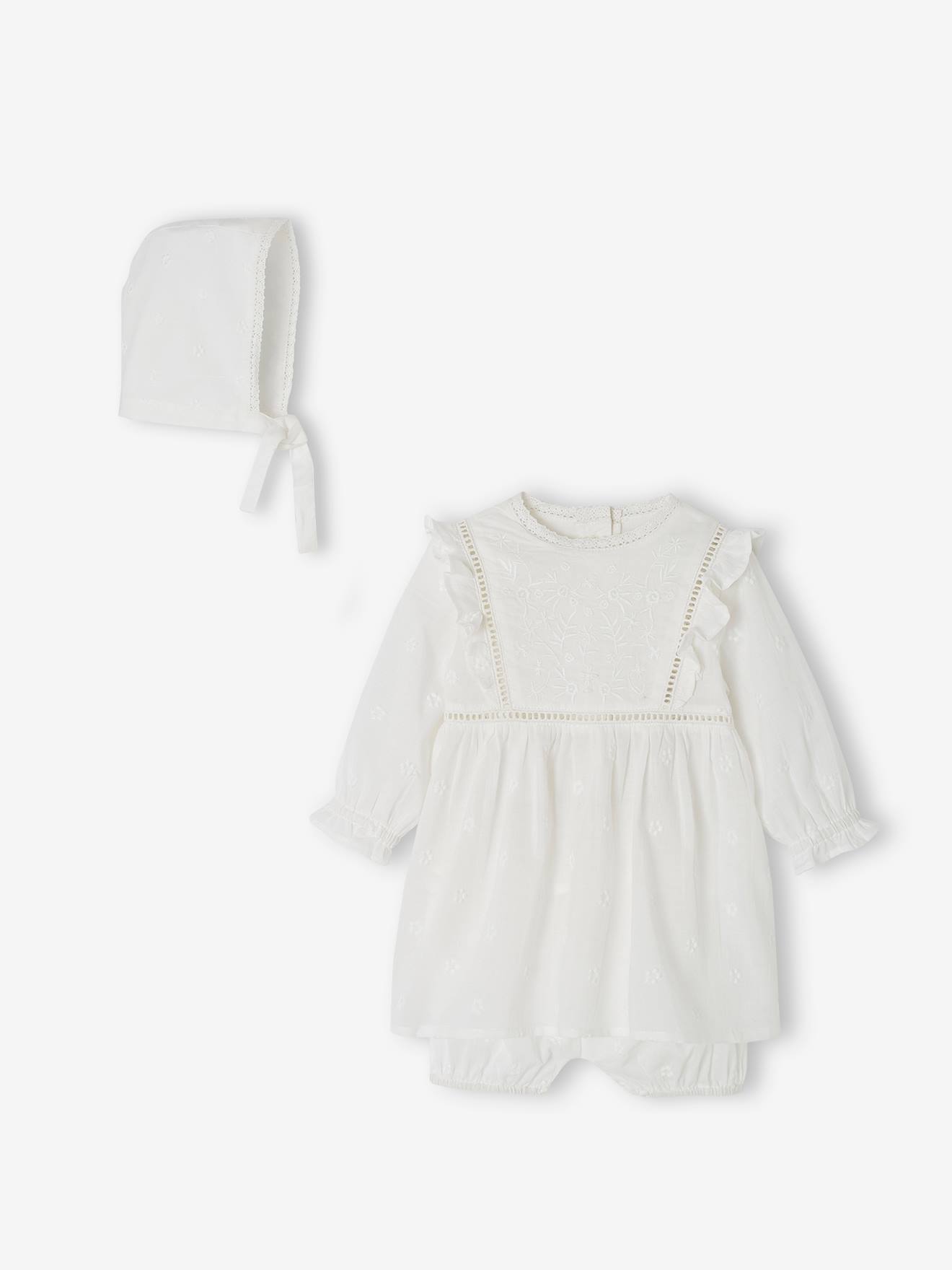 Feestelijke babyset: jurk, pofbroek en haarband wit