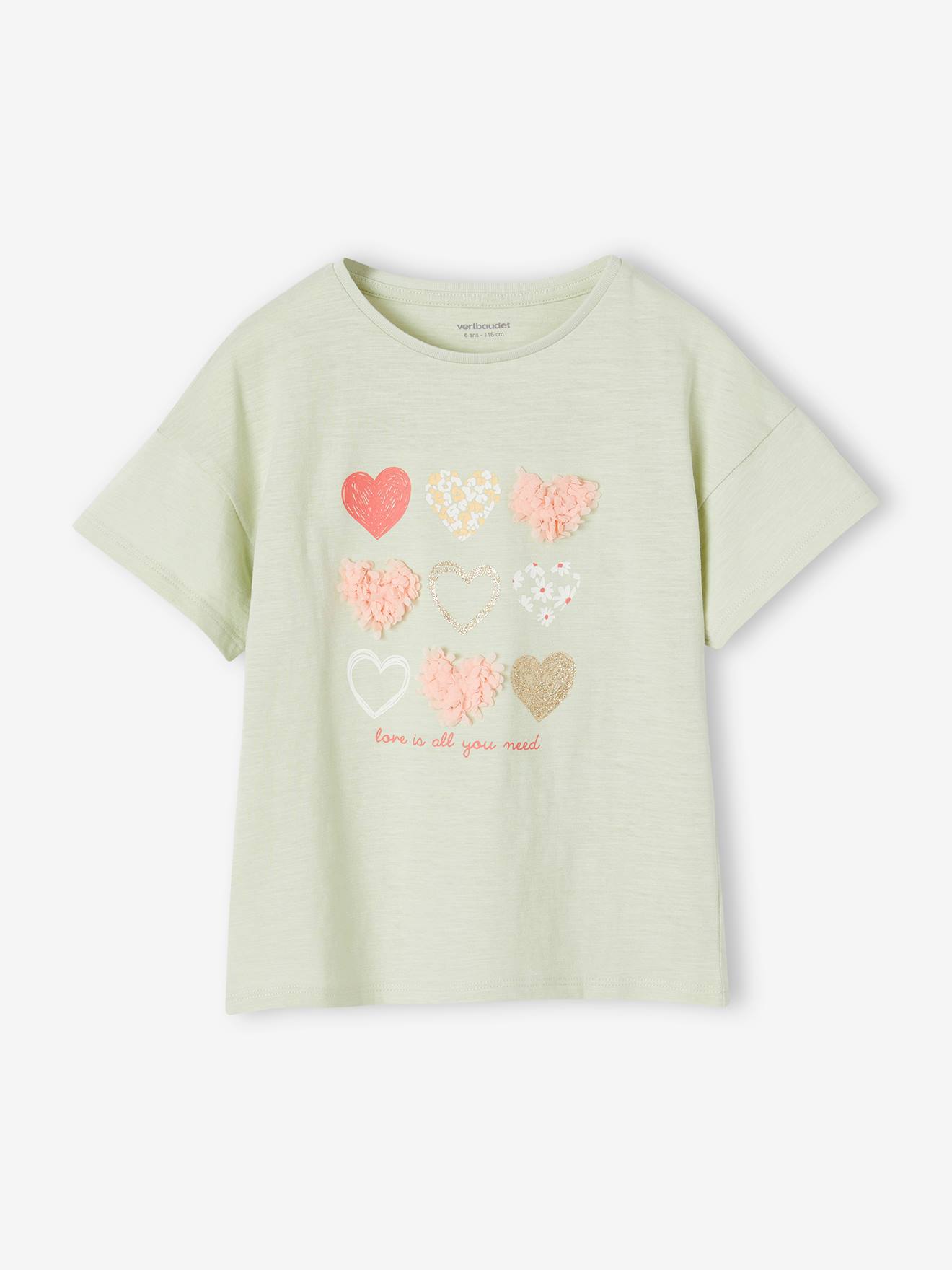 Meisjes-T-shirt met frisou-animatie en iriserende details amandelgroen