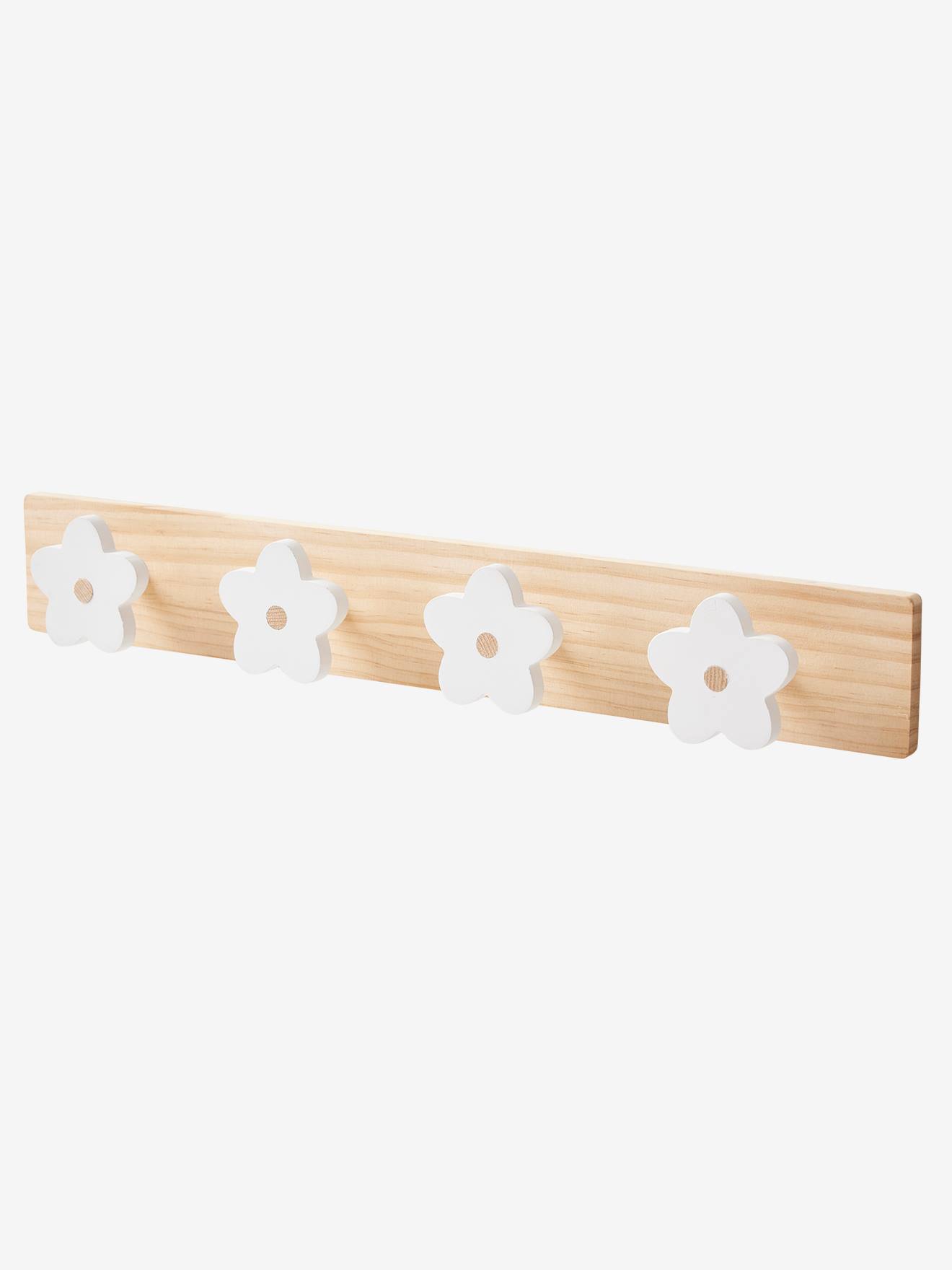 Houten kapstokhaak met 4 bloemen wit