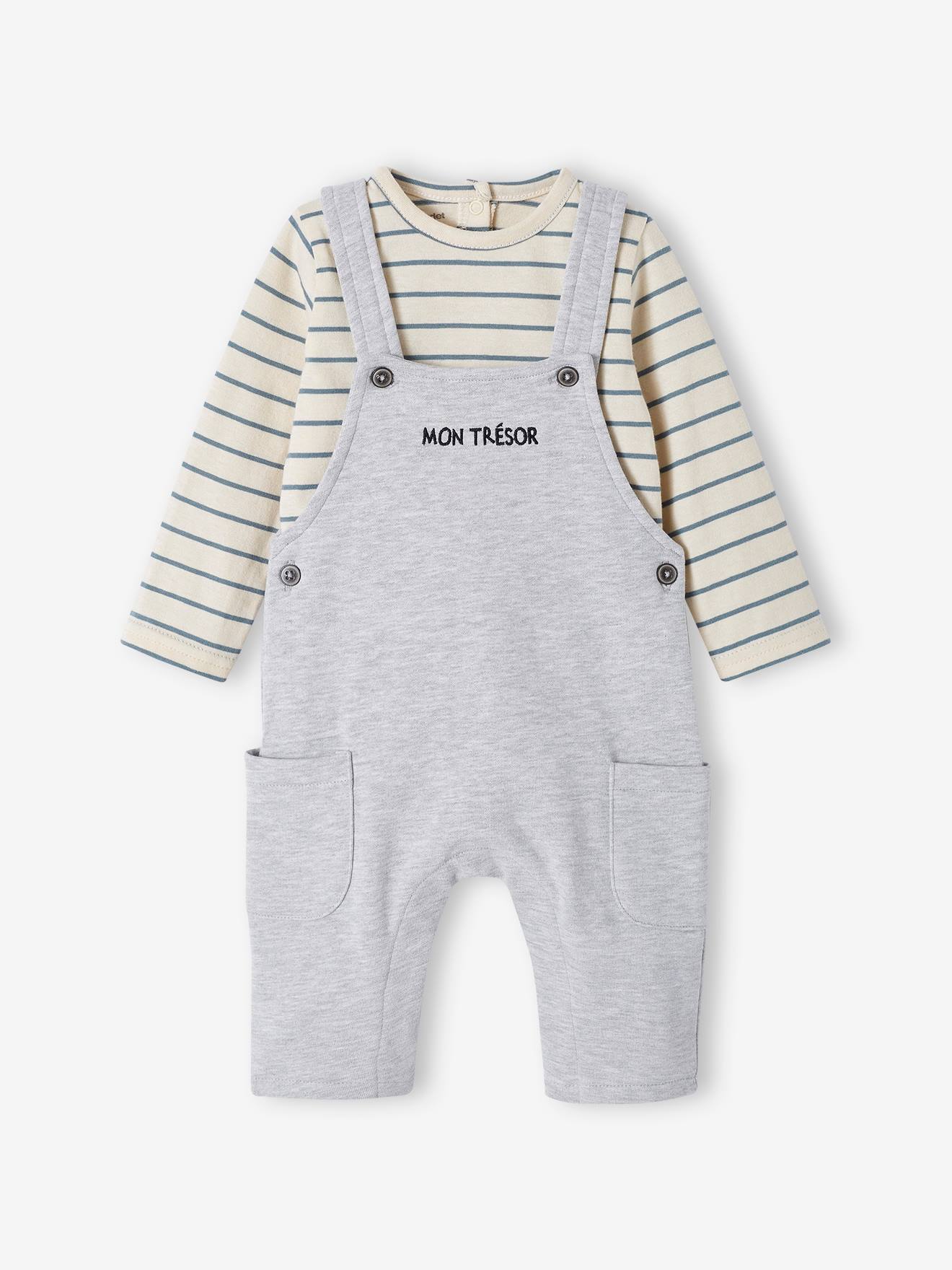 Fleece babyset met te personaliseren T-shirt en tuinbroek gemêleerd grijs
