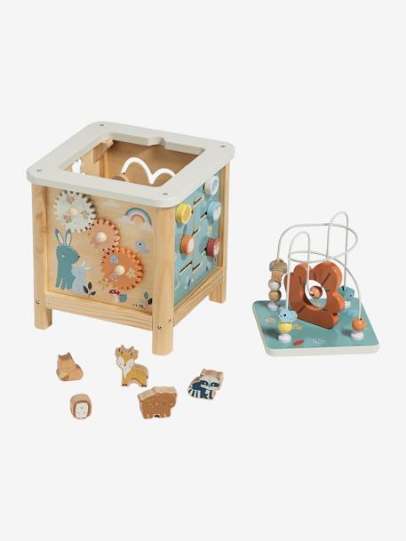 Grote houten activiteitenkubus Beige LOVELY FARM+blauw+roze+rozen+Tanzania - vertbaudet enfant 