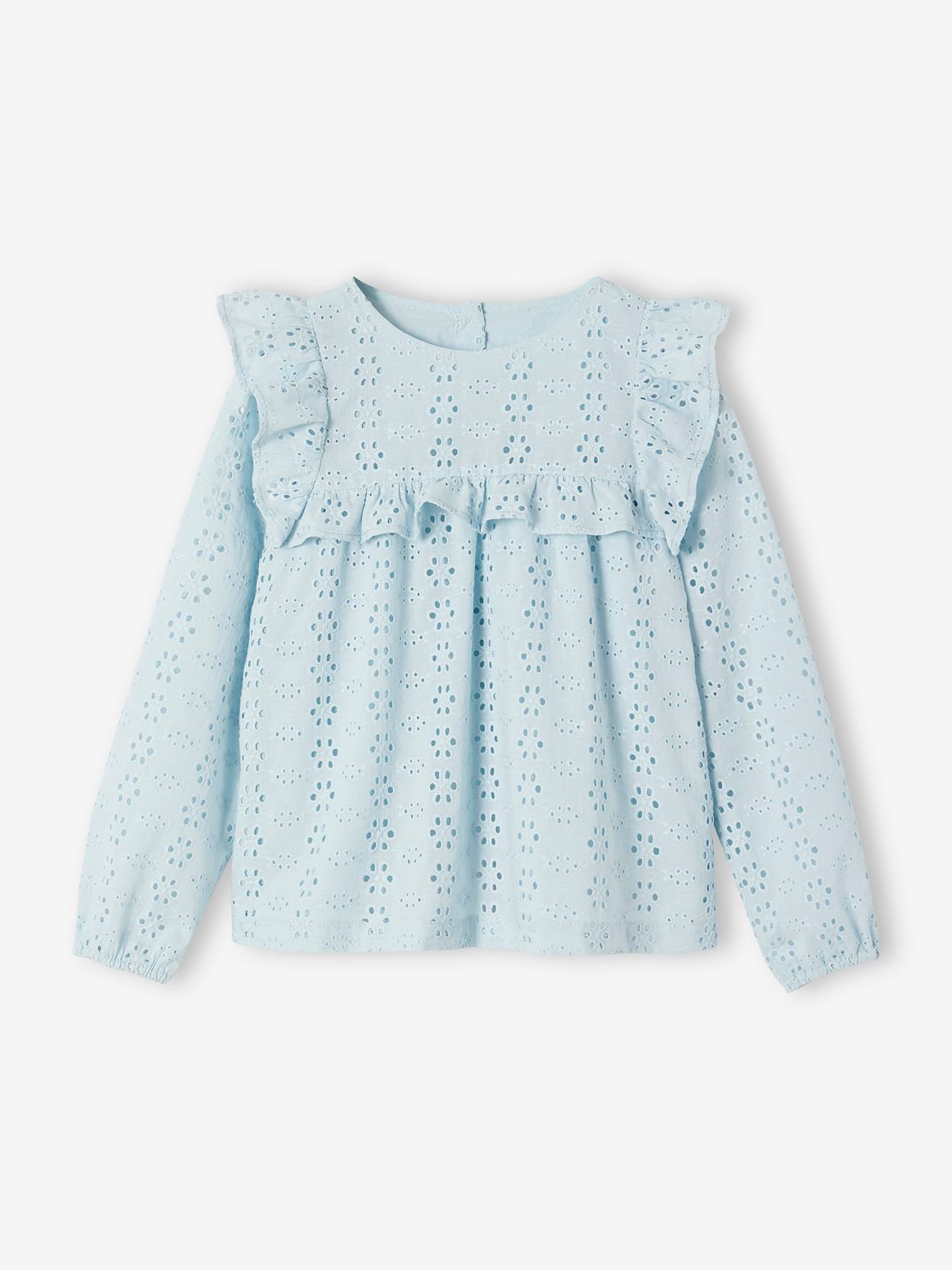 Blouse met ruches van Engels borduurwerk meisje hemelsblauw afbeelding